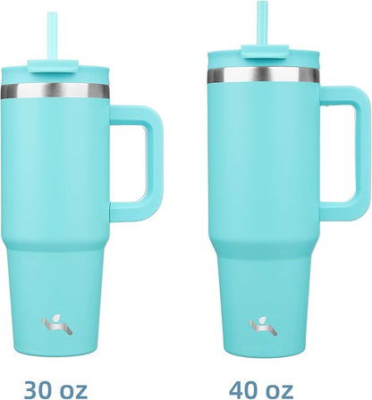 Konokyo 40 oz Tumbler with Handle and 2 Straws,2 in 1 Lid Insulated Water Bottle Stainless Steel Travel Coffee Mug,Turquoise