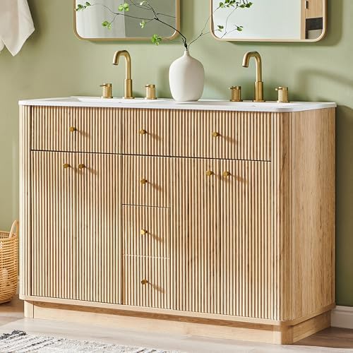 T4TREAM 48" Fluted Bathroom Vanity with Double Sink, Natural Oak