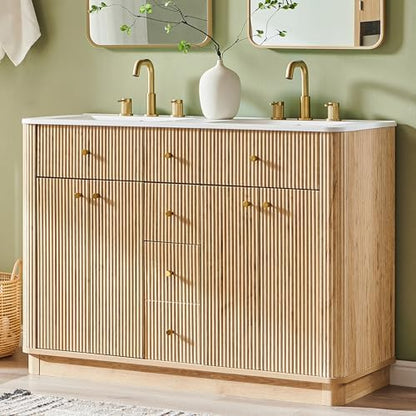 T4TREAM 48" Fluted Bathroom Vanity with Double Sink, Natural Oak