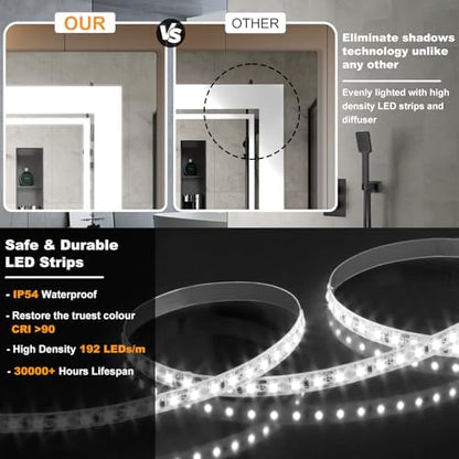 Ratsamee 72"x36" LED Bathroom Mirror with Lights, Backlit + Front Lit