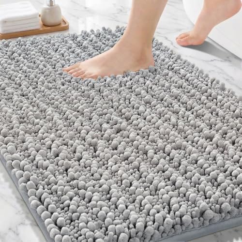 Bathroom Rugs Non Slip Washable, Extra Thick Soft Chenille Absorbent Bath Mat, High Density Barrier Non Slip Backing, Quick Dry Plush Shaggy Floor Carpet for Tub&Shower 24x17, Silver