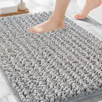Bathroom Rugs Non Slip Washable 36x24, Extra Thick Soft Chenille Absorbent Bath Mat, High Density Barrier Non Slip Backing, Quick Dry Plush Shaggy Floor Carpet for Tub&Shower, Silver