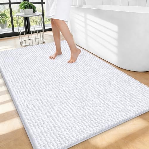 OLANLY Thick Chenille Large Bathroom Rugs 40x32, Absorbent Bath Mat, White