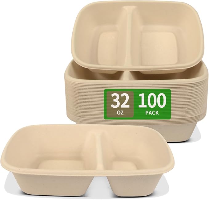 bloomoon 2 Compartment Paper Bowls 100 Pack for Chip and Dip | Divided Bowls Disposable Chips and Salsa Bowls for Party, Snack Bar Party Supplies