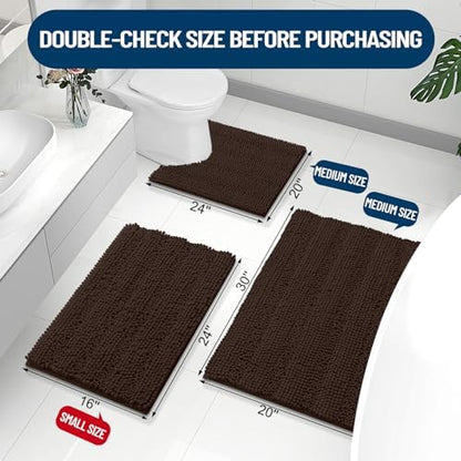 Grandaily Chenille Striped Bathroom Rugs 47x20, Extra Thick and Absorbent Bath Mats, Non-Slip Soft Plush Shaggy Shower Carpet, Machine Wash Dry, Bath Rug for Bathroom, Brown