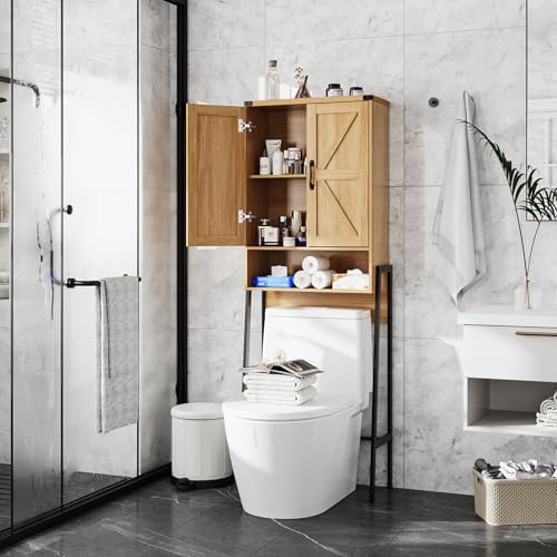 Vabches Over The Toilet Storage Cabinet with 2-Door Design Bathroom Organizers and Storage with Anti-Tip Device Over Toilet Organizer with Shelves for Bathroom,Restroom,Laundry Natural