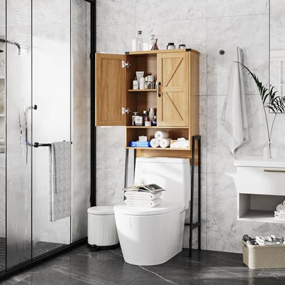 Vabches Over The Toilet Storage Cabinet with 2-Door Design Bathroom Organizers and Storage with Anti-Tip Device Over Toilet Organizer with Shelves for Bathroom,Restroom,Laundry Natural