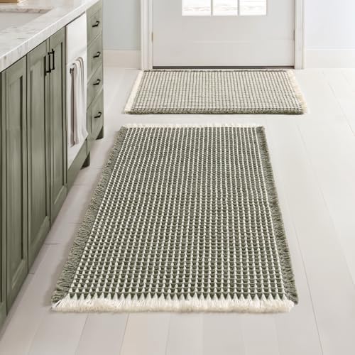 MIULEE Set of 2 Waffle Bathroom Rugs Green&Cream Bath Mat 17"x24"+20"x32"