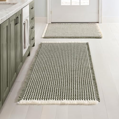 MIULEE Set of 2 Waffle Bathroom Rugs Green&Cream Bath Mat 17"x24"+20"x32"