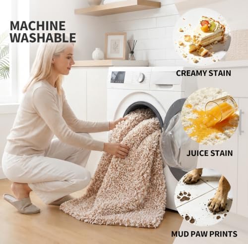 ILANGO Beige and White Bathroom Rugs 48" × 24" Non Slip & Super Absorbent Extra Thick Soft, Washable Bath Mat for Floor, Microfiber Plush Shaggy Bath Rug with Rubber for Bathtub Shower Room Sink