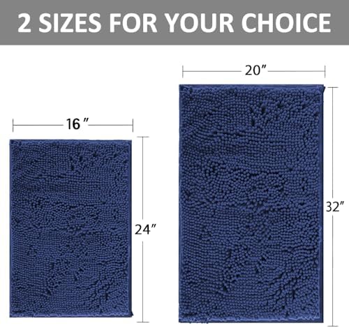 Non Slip Washable 2 Piece Extra Absorbent Shaggy Chenille Bathroom Rugs and Mats Sets, Soft & Dry Bath Rug/Mat Sets for Bathroom Washable Carpets Set Navy Blue Blue