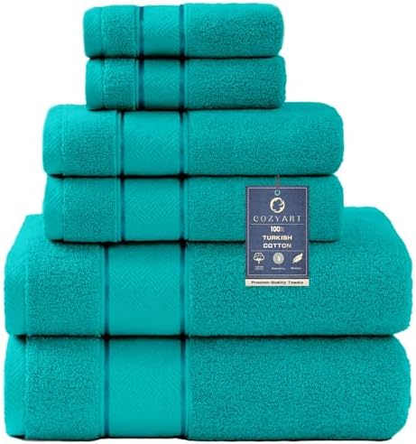 COZYART Bath Towel Set 6 PCS, Turquoise 100% Turkish Cotton 650GSM Soft