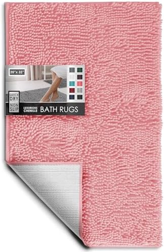 Hearth & Harbor Bathroom Rugs, Chenille Bath Mat - Machine Washable Bath Mats for Bathroom Non-Slip Backing Rubber, Quick Dry Bathroom Mat, 20 x 32 - Pink