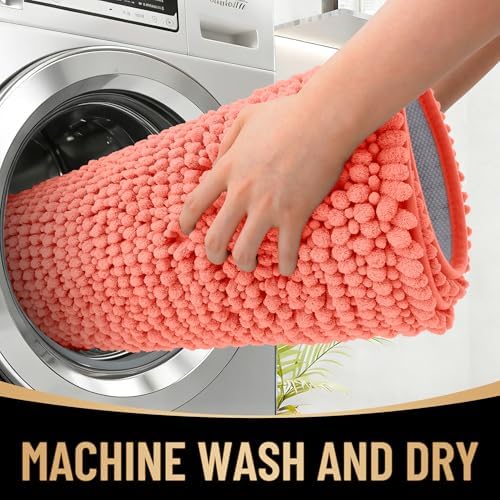 OLANLY Thick Chenille Bathroom Runner Rugs 70x24, Absorbent Bath Mat, Coral