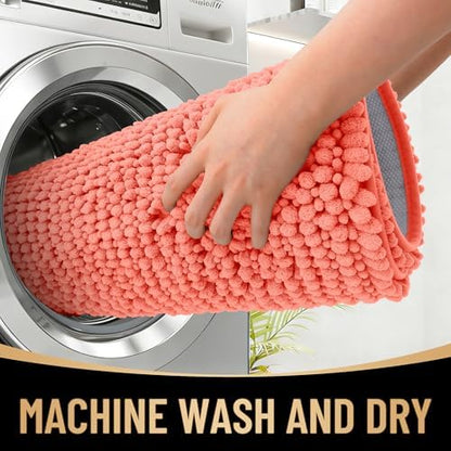 OLANLY Thick Chenille Bathroom Runner Rugs 70x24, Absorbent Bath Mat, Coral