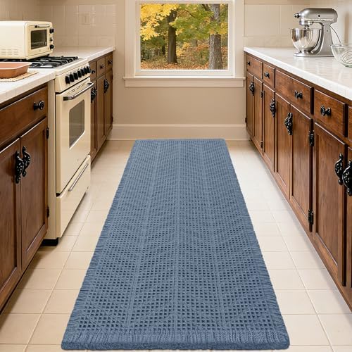 Upgrade Waffle Bath Mat, Boho Bathroom Rugs Absorbent Non Slip, Ultra Soft Bathroom Mat, Machine Washable Knit Bath Rugs with Herringbones for Bathroom, Bedroom, Kitchen, Shower, Tub, 32"x20", Blue