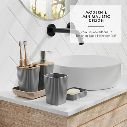 Clara Clark Bathroom Set - Grey Bathroom Accessories Set, 6PC Bathroom Accessory Set, Bathroom Sets with Bathroom Rugs, Adhesive Corner Shower Caddy Hanging, Toilet Brush, Trash Can & Soap Dispenser