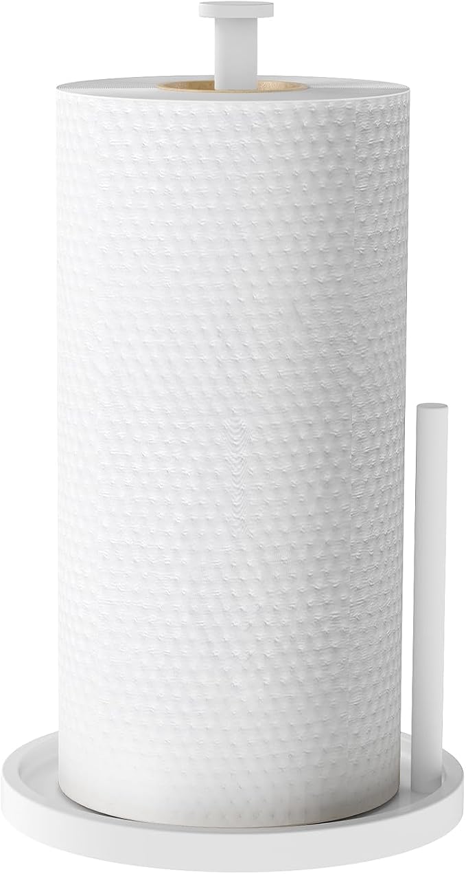 Paper Towel Holder Countertop, Standing Paper Roll Holder with Anti Slip Weighted Base, Stainless Steel Freestanding Paper Towel Holder for Kitchen, White