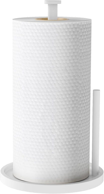 Paper Towel Holder Countertop, Standing Paper Roll Holder with Anti Slip Weighted Base, Stainless Steel Freestanding Paper Towel Holder for Kitchen, White