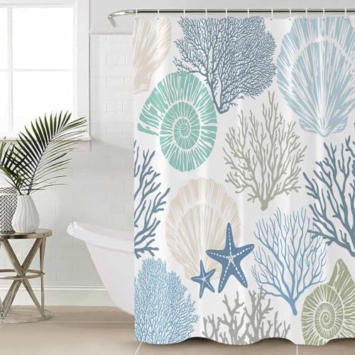 Shower Curtain Bathroom Set Blue Ocean Shells Coral Waterproof Shower Curtains with Grommets Hooks Conch Starfish Marine Life Privacy Bath Curtain for Bathtub Decor 72x72in