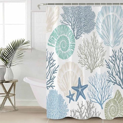 Shower Curtain Bathroom Set Blue Ocean Shells Coral Waterproof Shower Curtains with Grommets Hooks Conch Starfish Marine Life Privacy Bath Curtain for Bathtub Decor 72x72in