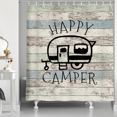 JAWO Happy Campers Shower Curtain Retro Rustic Wood Neutral Color for Travel Trailer Camping Theme Motor RV Bathroom Stall Shower Curtain Set, Waterproof Fabric Shower Cutain, Hooks Include 36X72
