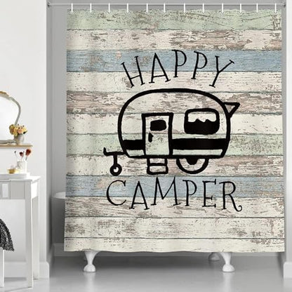 Happy Campers Shower Curtain Retro Rustic Wood Neutral Color For Travel Trailer Camping Motor RV Bathroom Stall Shower Curtain Set, Small Size Waterproof Fabric Shower Cutain, Hooks Include 54x68