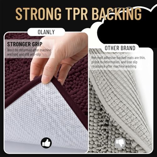 OLANLY Thick Bathroom Rugs 30x20, Chenille Striped Bath Rugs, Black Cherry