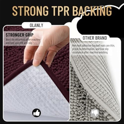 OLANLY Thick Bathroom Rugs 36x24, Chenille Striped Bath Rugs, Black Cherry