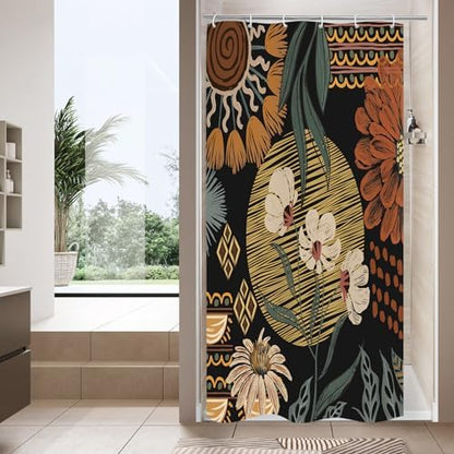 Dark Floral Shower Curtain, Boho Vintage Botanical Fabric Curtain, 36 x 72