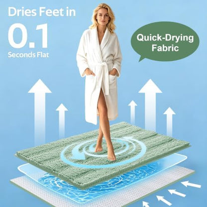 ACCUMTEK Tauso Striped Sage Green Bathroom Rug Set 3 Pieces Ultra Soft, Non Slip Chenille Toilet Mat, Absorbent Plush Shaggy Bath Mats for Bathroom, Bedroom, Kitchen