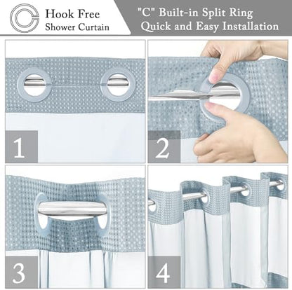 Gibelle No Hook Waffle Weave Shower Curtain with Snap-in Fabric Liner Set for Bathroom, Hotel Style with Mesh Top Window, Waterproof & Washable, Fog Blue, 72x74