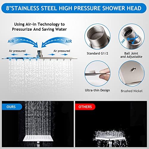 Shower Head Combo(Brushed Nickel),8 Inch High Pressure Rain Shower Head with 11 Inch Adjustable Extension Arm and 5 Settings Handheld Shower Head Combo,Powerful Shower Spray Against Low Pressure Water