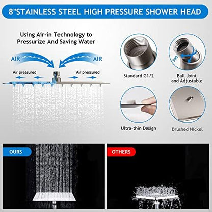 Shower Head Combo(Brushed Nickel),8 Inch High Pressure Rain Shower Head with 11 Inch Adjustable Extension Arm and 5 Settings Handheld Shower Head Combo,Powerful Shower Spray Against Low Pressure Water