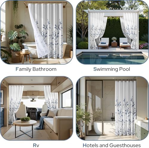 HOMEIDEAS Blue and White Botanical Shower Curtain 72×72 Inches