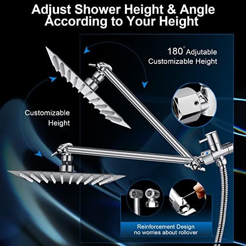 PinWin Modern 12" Large Square Rain Showerhead with 5 Modes Handheld Showerhead Combo, Adjustable Arm, Easy Tool-Free Installation
