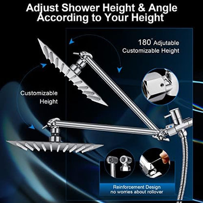 PinWin Modern 12" Large Square Rain Showerhead with 5 Modes Handheld Showerhead Combo, Adjustable Arm, Easy Tool-Free Installation