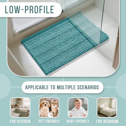 Yimobra Bathroom Rug Mat, Non Slip and Super Absorbent Bath Mat, Machine Washable Quick Dry, Ultra Plush Chenille Shower Rugs for Bathroom Floor Sink Tub and Shower Outside, Teal Blue, 24 x 17