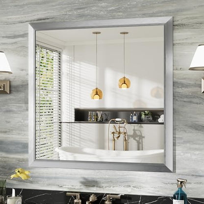 Briivue Bathroom Wall Mirror, Silver Brushed Nickel Metal Frame, 36x36 Inch