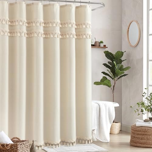 Linen Shower Curtain Boho Beige Shower Curtain with 3 Tassels 72"W x 72"L