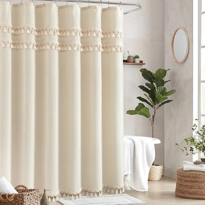 Linen Shower Curtain Boho Beige Shower Curtain with 3 Tassels 72"W x 72"L