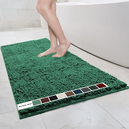 Muddy Mat® | Chenille Bathroom Rugs Quick Dry Microfiber Mats Non Slip Washable, Extra Thick, Soft and Highly Absorbent Bath Mats for Bathroom, Kitchen, and Shower Floor - Dark Green 35"x59"