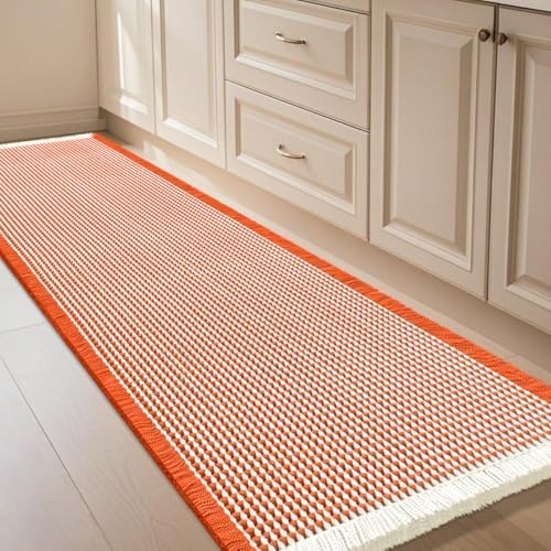 IM HOME Waffle Bath Mat Orange & Cream 4'x2', Boho Woven Modern Bath Mat Rugs, Absorbent Non Slip Bathroom Rugs, Soft Washable Bath Rugs with Tassels for Bathroom, Bedroom, Kitchen, Shower, Tub
