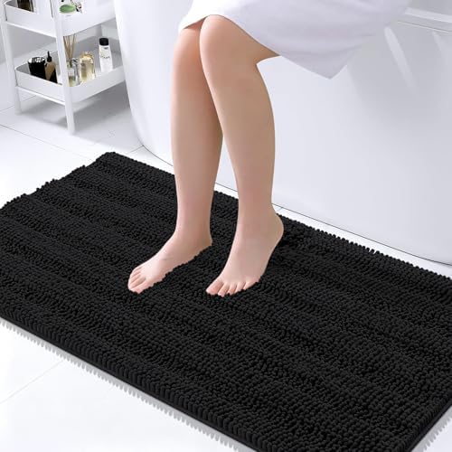 OLANLY Thick Large Bathroom Rugs 45x27, Soft Chenille Bath Rugs, Black