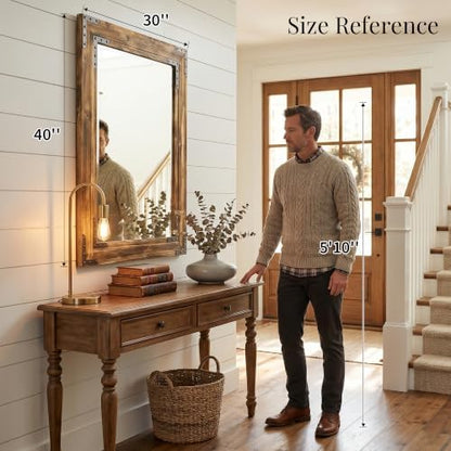 Rustic Brown 30x40 Inch Wood Bathroom Vanity Mirror, Rivets