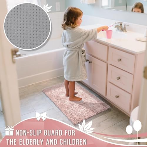 Yimobra Chenille Bathroom Rugs Non Slip, Extra Thick Soft Absorbent Bath Rug 31.5x20 Inch, Machine Washable Quick Dry Bath Mat for Bathroom Floor, Tub and Shower, Home Decor Accessories, Pink