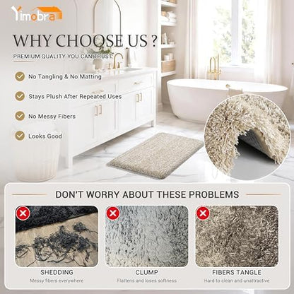 Yimobra Luxury Bathroom Rugs, Fluffy Bath Mats, Non Slip, Water Absorbent Microfiber, Machine Washable, Plush Runner Shower Rugs, Thick Matts for Bathroom Floor/Tub, 60" X 24", Light Beige and White