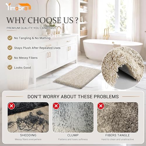 Yimobra Luxury Bathroom Rugs, Fluffy Bath Mats, Non Slip, Water Absorbent Microfiber, Machine Washable, Plush Runner Shower Rugs, Thick Matts for Bathroom Floor/Tub, 47" X 24", Light Beige and White