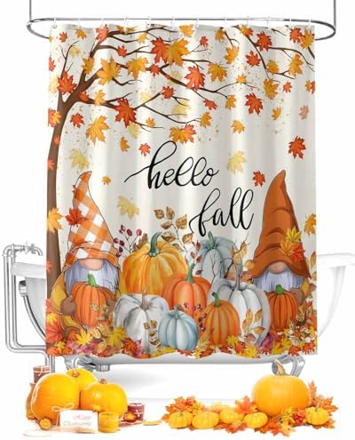 Shower Curtain Bathroom Set Autumn Gnome Orange Maple Tree Waterproof Shower Curtains with Grommets Hooks Thanksgiving Pumpkin Watercolor Privacy Bath Curtain for Bathtub Decor 60x72in