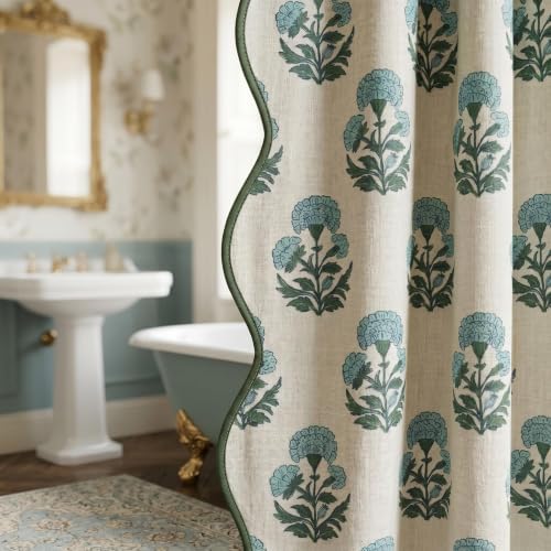 Boomkin Block Print Scalloped Shower Curtain Set with 12 Hooks